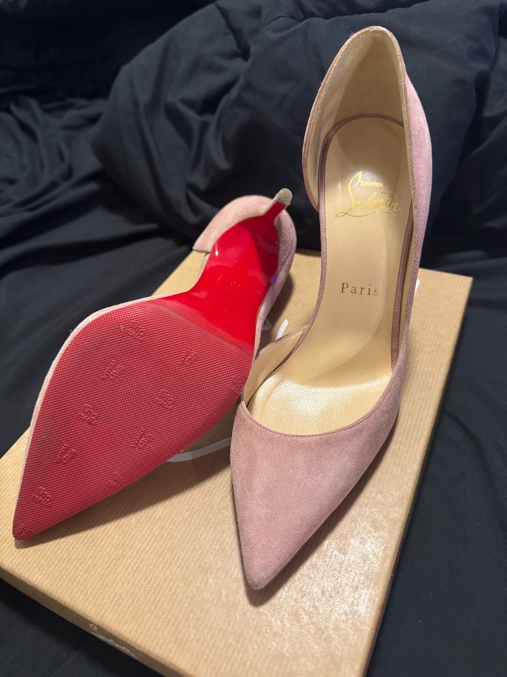 Christian Louboutin Blush Pink Suede Pointed Toe Stilettos with Red Sole